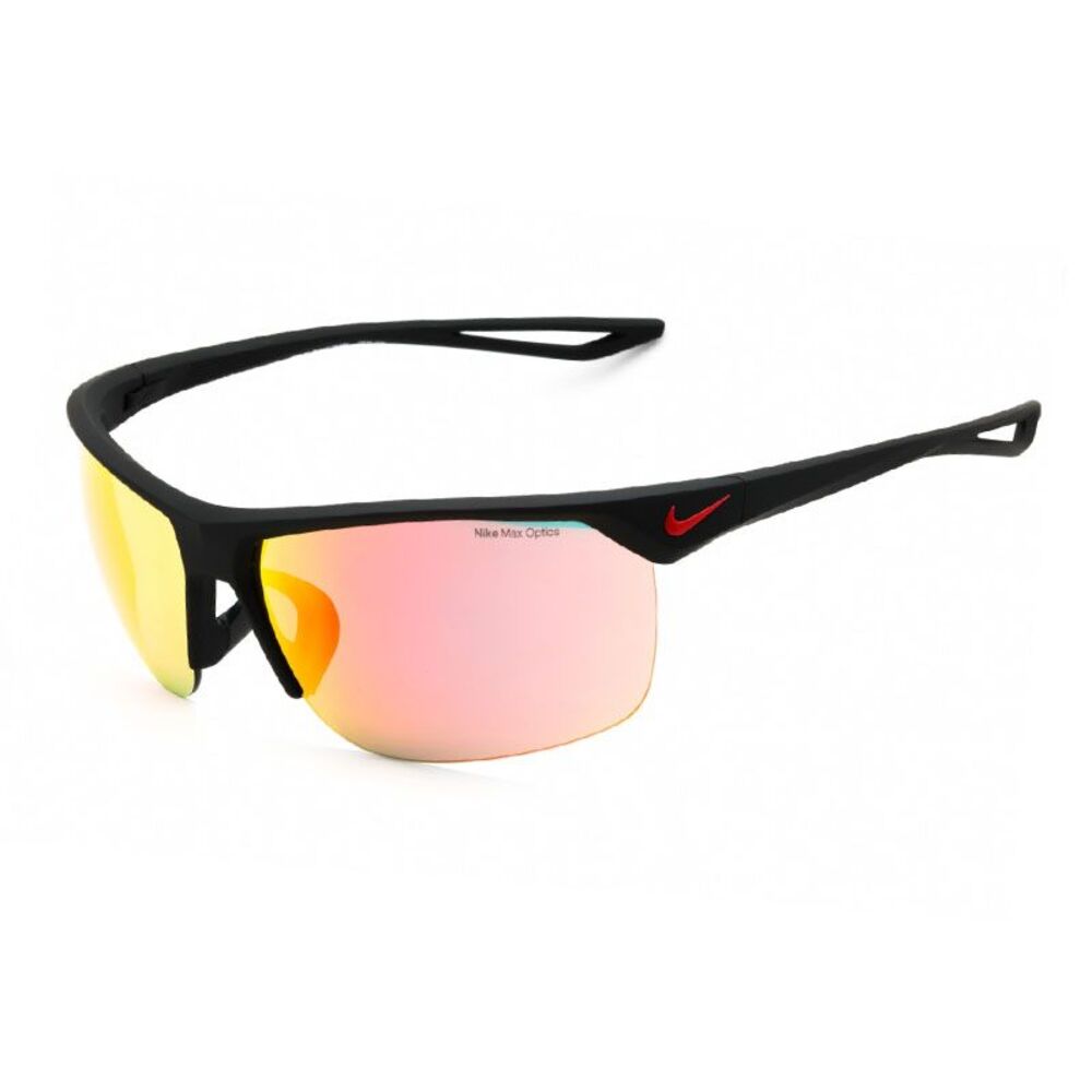 Nike Sunglasses Rectangle Semi Rim, Matte Black Frame and Grey Red Mirror Lens